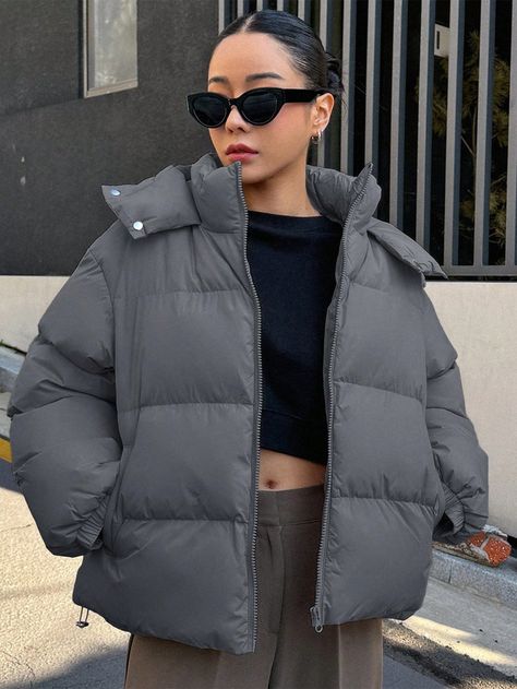 Dark Grey Casual Collar Long Sleeve Woven Fabric Plain Puffer Embellished Non-Stretch  Women Clothing Cute Winter Jackets, Aritzia Puffer Jacket, Padded Jacket Women, Grey Puffer Jacket, Outerwear Women Winter, Winter Puffer Coat, Hooded Winter Coat, Winter Hoodies, Padded Coat