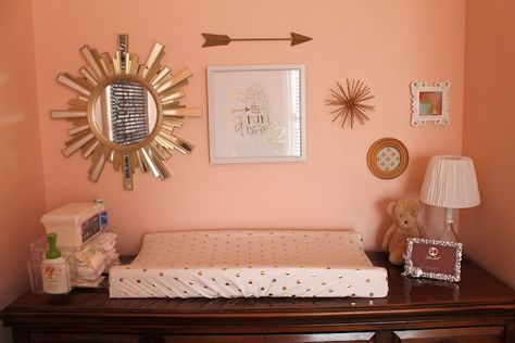 Coral Baby Girl Nursery, Nursery Color Scheme, Coral Nursery, Shared Girls Room, Nursery Accent Wall, Nursery Reveal, Baby Nursery Inspiration, Rose Nursery, Gold Nursery