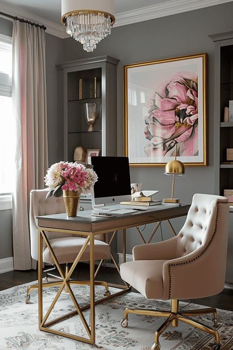 Beautiful Home Offices For Women, Feminine Home Office Classy, Classy Office Decor, Feminine Home Office Ideas, Feminine Home Office, Glam Office Decor, Space Beauty, Beautiful Office Spaces, Feminine Home