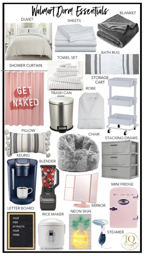 omg this is so helpful for my daughter who is going to college in the fall! We love these walmart dorm room essentials for her room. Collage Dorm Essentials, Dorm Decor Ideas, Dorm Room Essentials List, Essentials For College, Dorm Room Checklist, College Bedroom Decor, Dream Dorm Room, Dorm Shopping, Dorm Stuff