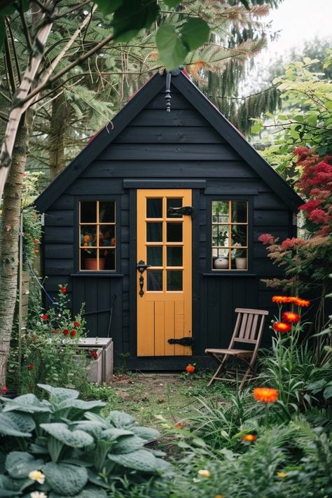 Black Shed Ideas for Striking Backyard Appeal Black She Shed Ideas, Backyard Cabin Shed, Yellow Shed Ideas, Goth She Shed, Black Sheds Ideas Backyard, Exterior Shed Ideas, Gardening Sheds Ideas, Renovated Shed, Cute Garden Shed Ideas