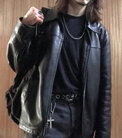 leather jacket rock goth grunge outfit mens outfit long hair dark academia chains cross Dark Fashion Aesthetic Men, Goth Men Clothes, Masc Rock Outfits, Metalhead Fits Men, Matrix Outfit Street Styles, Masc Dark Outfits, Long Leather Jacket Outfit Men, Men Dark Outfit, Men Fashion Grunge