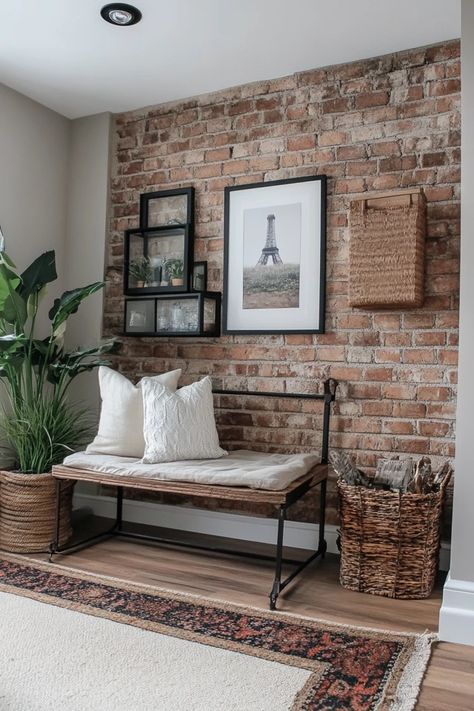 "Create industrial charm with a DIY Faux Exposed Brick Wall! 🧱🛠️ Perfect for adding texture and style to any room. 🌟✨ #ExposedBrick #DIYWallMakeover #IndustrialDecor" Faux Brick Interior Wall, Accent Wall Bedroom Brick, White Washed Exposed Brick, Adding Brick To Interior Accent Walls, Brick Wall Paneling Living Room, Faux Interior Brick Wall, Whitewash Faux Brick Panel, Faux Brick Living Room Wall, Bare Brick Wall