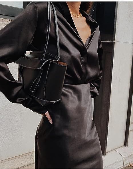 Silk Shirt Outfit, Satijnen Blouses, Black Silk Shirt, Blouse Satin, Summer Formal Dresses, Black Silk Blouse, Silk Shirts, Silk Outfit, Loose Long Sleeve