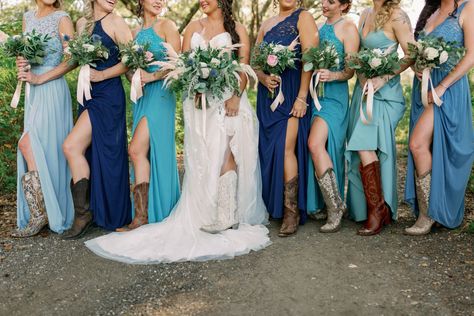 Wedding Cowboy Boots For Bridesmaids, Wedding Cowgirl Boots Bridesmaids, Dusty Blue Bridesmaid Dresses With Cowboy Boots, Barn Wedding Bridesmaid Dresses Cowboy Boots, Turquoise Bridesmaid Dresses Western, Wedding Party Cowboy Boots, Country Bridesmaids Gifts, Bridesmaids Cowboy Boots Long Dresses, Western Wedding Bridesmaids Dresses With Boots