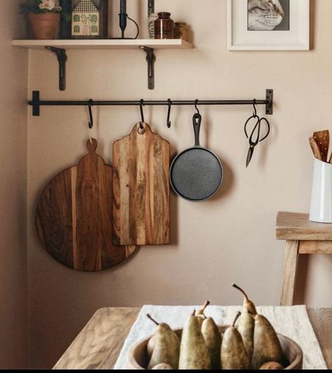 Pan Hooks Kitchen Hanging Pots, Wall Rack Kitchen, Wall Hanging Kitchen Storage, Hanging Cups In Kitchen, Kitchen Simple Decor, Hanging Pans Kitchen, Hanging Pans In Kitchen, Kitchen Hooks Ideas, Hanging Pots And Pans On Wall