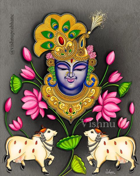 Pichwai Painted Sarees, Pichwai Art Paintings Krishna, Shrinathji Paintings On Canvas, Pichwai Shrinathji Painting, Shreenathji Pichwai Painting, Shrinathji Drawing, Shreenathji Drawing, Pichwai Drawing, Pichwai Paintings Krishna