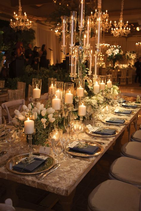 Candelabra and pillar candles on crystal stands filled the table along with tulips. Wedding Ideas Gold Elegant, Wedding By Candlelight, Wedding At Garden, Elegant Gold Wedding Decor, Southern Wedding Tablescape, Dream Wedding Inspiration, White Neutral Wedding Decor, Historic Ballroom Wedding Reception, Ballroom Theme Wedding