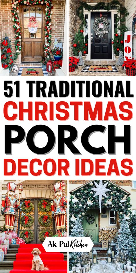 Christmas porch decor ideas are perfect for creating a festive entrance. Transform your front porch with rustic Christmas front porch decor, cozy winter touches, and elegant holiday lighting. From simple Christmas wreaths to DIY Christmas planters, there are plenty of outdoor Christmas decorations to make your porch stand out. Whether you're going for a farmhouse Christmas porch or a more modern look, these outdoor holiday decorating ideas will add charm to your home's entryway. Porch Decor Christmas Ideas, Traditional Christmas Porch Decor, Hallmark Style Christmas Decor, Ranch Style Home Christmas Decor Exterior, Outdoor Porch Decor Christmas, Christmas Decorating Front Door, Front Porch Christmas Ideas Entrance, Christmas Home Exterior Decorating Ideas, Outdoor Light Post Christmas Decor