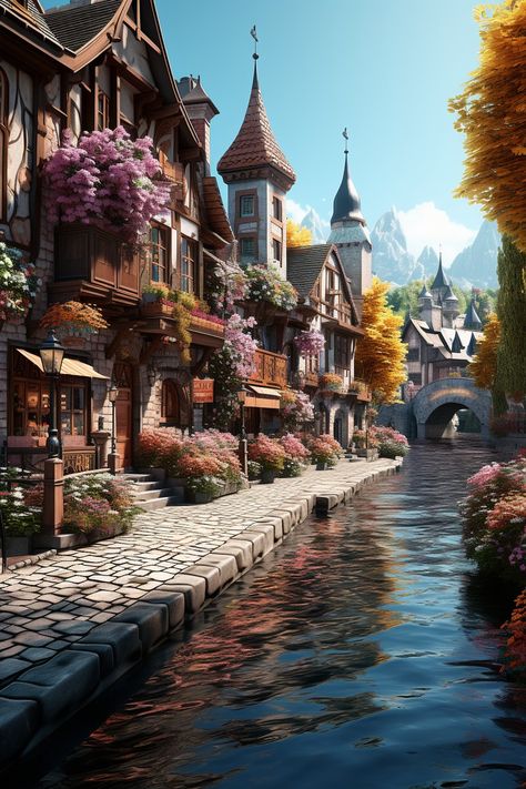 Fantasy Location Inspiration, Fantasy Canal City, Fantasy River City, Fairy City, Tiny Glade, Canal City, Fantasy Town, New Fantasy, Fantasy City