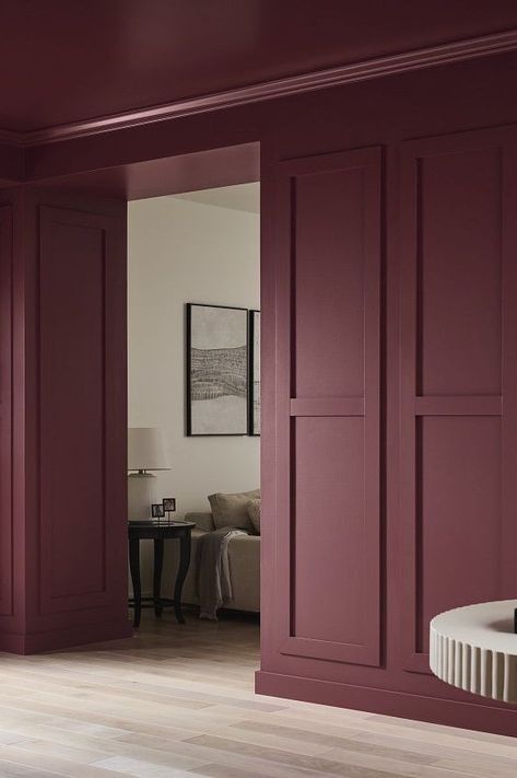 Behr Paint just revealed its 2025 Color of the Year as Rumors, a deep and dynamic ruby red that reimagines this classic shade. #details #easyhomedecorideas #homedecorinspiration #homeimprovementideas #marthastewart Sherwin Williams Stolen Kiss, Deep Rose Paint Color, Raddichio Farrow And Ball, Sw River Rouge, Rumors Paint Color Behr, Deep Red Wall Paint, Behr Burgundy Paint Colors, Victorian Home Paint Colors, Maroon Ceiling