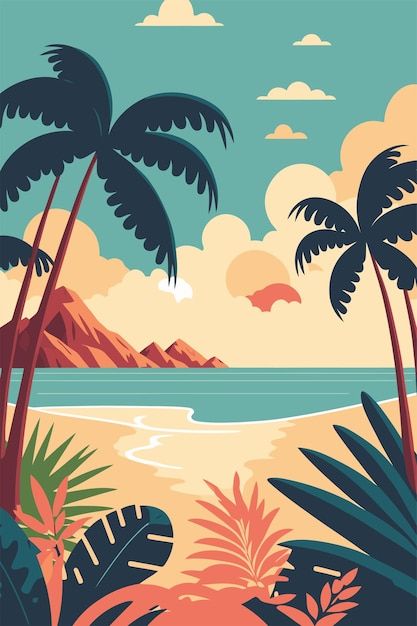 Animated Beach Aesthetic, Beach Artwork Illustrations, Vintage Beach Design, Beach Graphic Illustration, Summer Vector Art, Island Illustration Design, Tropical Beach Illustration, Beach Vector Art, Tropical Island Illustration