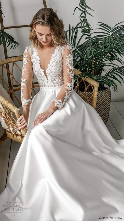 olivia bottega 2021 bridal illusion long sleeves v neckline heavily embellished lace bodice clean skirt a line ball gown wedding dress (2) zv -- Olivia Bottega 2021 Wedding Dresses | Wedding Inspirasi  #wedding #weddings #bridal #weddingdress #weddingdresses #bride #fashion #label:OliviaBottega #week:172020 #year:2021 ~ Satin Wedding Dress With Lace Top, A Line Ball Gown, Olivia Bottega, Minimalist Gown, Short Wedding Gowns, Skirt A Line, Wedding Inspirasi, Bride Fashion, Gowns Prom