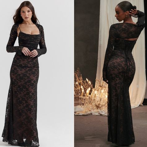 This Stunning Dress Is The Epitome Of Romance. Beautifully Made From Exquisite, Delicate Lace And Underpinned With Our Figure Cinching Cafe Au Lait Power Mesh, It Features A Corseted Bodice That's Gorgeously Gathered With Lace Up Detailing To The Back. Skimming Over Your Curves, 'Artemis' Sweeps The Floor In A Flattering Maxi Length And Zips To The Side For Easy On. The Delicate Shrug Completes 'Artemis' That Can Be Worn With Or Without. The 'Regular Cup' Option Suits Cup Size A-C Whilst The 'Bi Long Black Dress Formal Lace, Prom Dress With Shrug, Lace Prom Dresses With Sleeves, Black Lace Long Sleeve Maxi Dress, Black Lace Dress Aesthetic, Peach Maxi Dresses, Floral Lace Maxi Dress, Black Lace Maxi Dress, Pixie Dress