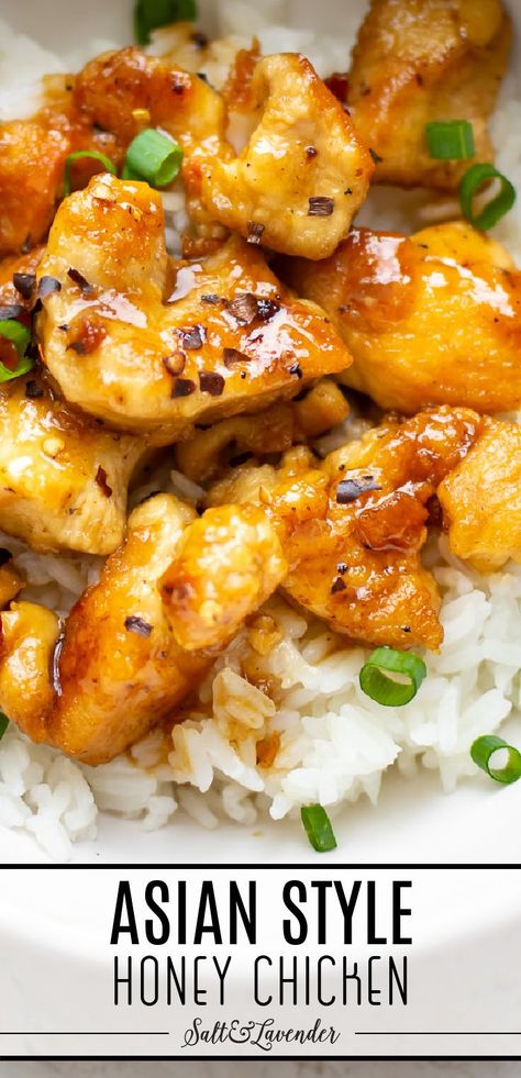 closeup of a bowl of rice and chicken with text overlay that reads asian style honey chicken Easy Honey Chicken, Asian Chicken Breast Recipes, Jasmine Rice Recipes, Honey Chicken Recipe, Top Dinner Recipes, Asian Chicken Recipes, Easy Chicken And Rice, Pan Fried Chicken, Chinese Cooking Recipes