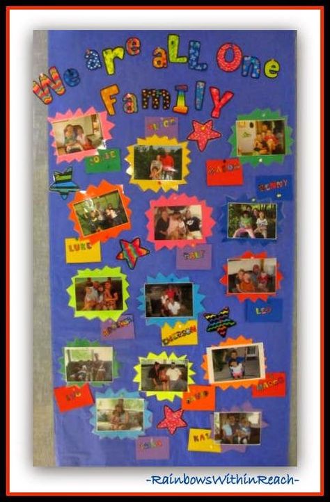 Family Bulletin Boards Preschool, Classroom Family Photo Display, My Family Project For School, Family Pictures In Classroom Displaying, Family Board For Classroom, Friends And Family Board Classroom, Family Picture Bulletin Board Ideas, Our Families Bulletin Board, Preschool Family Wall Ideas