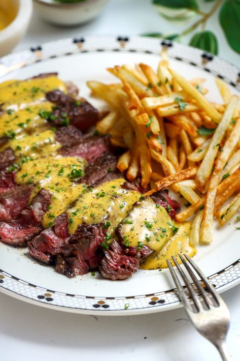 Steak Frites & Bearnaise - Food My Muse Paris Steak Frites, Steak And Chips Recipes, Steak Frites Recipe, Steak And Frites, Steak And Chips, Bundt Recipes, Small Bites Appetizers, Tomato Butter, Baked Scallops