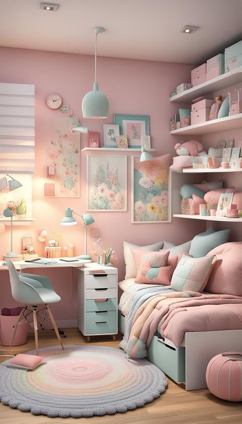 Cozy design of a girl's bedroom for small area#bedroom #design #girls #cosy #small_rooms Bedroom Ideas For 7 Year Girl, Pale Pink Girls Bedroom, Girls Room Small Space, Bedroom Ideas For 10 Yr Girl, Small Girl Bedroom Ideas, Girls Bedroom Ideas 6 Yrs Old, Older Girls Bedroom Ideas, Girls Pastel Bedroom Ideas, Girls Bedroom Ideas Age 8-10