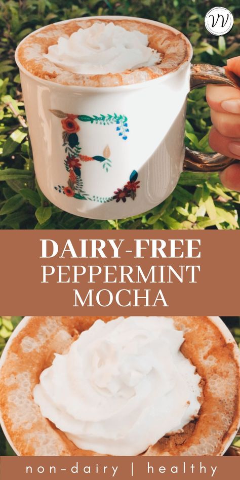 Non-Dairy Healthy Peppermint Mocha Recipe! Perfect for Christmas, the winter holidays, or any time of year when you're craving a healthy treat. Such a good substitute for a Starbucks peppermint mocha, lower sugar, healthier, and less expensive! #dairyfreerecipes #nondairyrecipes #coffee #espresso Healthy Peppermint Mocha, Holiday Coffee Drinks, Peppermint Mocha Recipe, Starbucks Peppermint Mocha, Mocha Recipe, Big Mug, Easy Holiday Recipes, Sweet Coffee, Healthy Treat