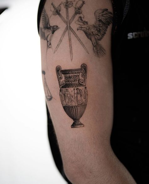 Tattoo uploaded by Ion Caraman • Experience intricate artistry with this micro-realism and illustrative tattoo of a Greek vase by Ion Caraman. Greek Mythology Vase Tattoo, Roman Pottery Tattoo, Ancient Rome Inspired Tattoos, Greek Coin Tattoo, Roman Woman Tattoo, Hercules Vase Tattoo, Greek Jar Tattoo, Greek Vase Design, Greek Patchwork Tattoo Sleeve