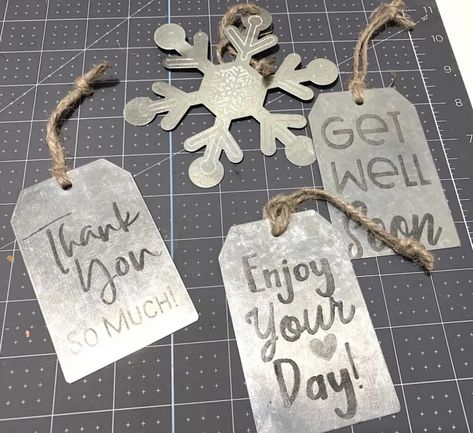 How to Engrave Galvanized Metal with Cricut - Well Crafted Studio Metal Gift Tag Ideas, Metal Tags Diy, Metal Cricut Projects, Metal Engraving Designs, Cricut Metal Engraving, Metal Tag Ornaments, Cricut Engraving Projects Metal, Cricut Metal Projects, Laser Engraving Ideas Metal