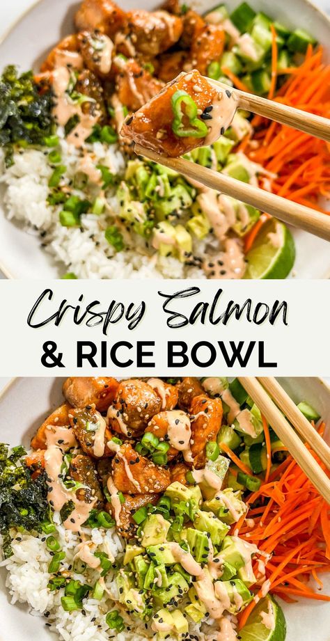 You'll love the flavor in these crispy salmon bowls with rice! They have the perfect balance of lightly crispy but still tender salmon bites paired with fresh veggies, sushi rice, a little bit of nori, and spicy mayo. Salmon Bowls, Crispy Salmon, Salmon Rice Bowl, Salmon Bites, Salmon Rice, Healthy Bowls Recipes, Salmon And Rice, Spicy Mayo, Healthy Bowls