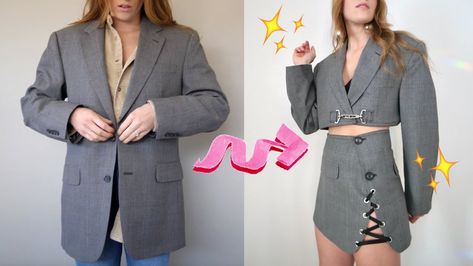 Diy Crop Blazer, Diy Cropped Blazer, Blazer Thrift Flip, Suit Upcycling, Diy Blazer Refashion, Crop Blazer And Skirt, Blazer Upcycle, Blazer Diy, Recycled Outfits