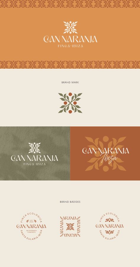 Spanish-influenced branding for an ecological finca home in Ibiza. Boho branding, earthy branding, spanish branding, Ibiza branding, brand inspo, logo inspo, boho aesthetic, earthy vibes, spanish vibes, brand design #yourvibesonly Can Naranja - A home that encourages not only our creativity, but that of our guests. To try to new things and to learn about old Ibiza culture. A special place to soak up the magnetic energy and light of Ibiza and to saviour the magical time of sunrise and sunset. Magical Branding Design, Logo Design Board, Latin Logo Design, Spanish Design Graphic, Spanish Logo Design, Modern Boho Branding, Spanish Graphic Design, Mediterranean Graphic Design, Spanish Branding