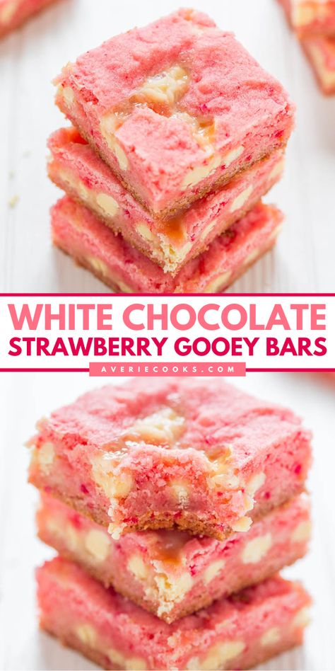 Bake up these strawberry white chocolate gooey bars with cake mix! Studded with white chocolate chips and spiked with condensed milk, these strawberry bars are a delicious fruit dessert recipe. Save this easy fruit recipe and enjoy these strawberry cake mix brownies! Chocolate Gooey Bars, Cake Mix Brownies, Strawberry White Chocolate, Strawberry Bars, Gooey Bars, Cake Mix Desserts, Strawberry Cake Mix, Strawberry Dessert Recipes, Valentine Desserts