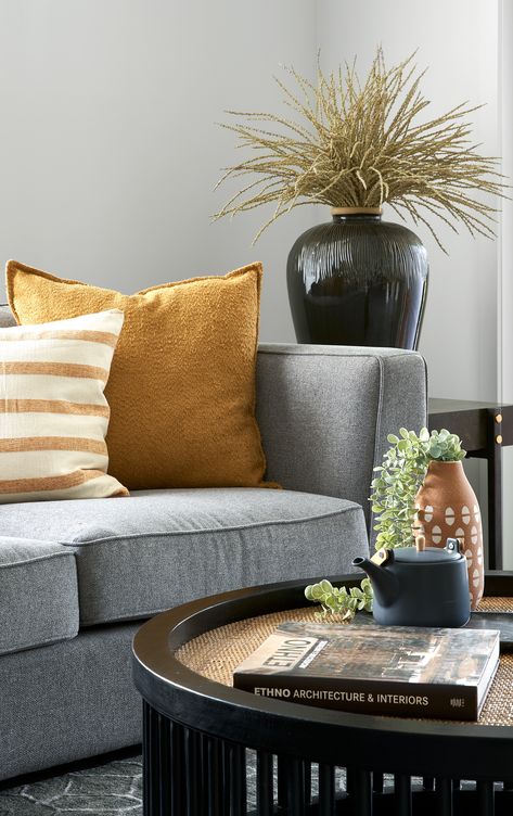 Living Room With Mustard Accents, Gray Couch Pillow Ideas Colour, Mustard Theme Living Rooms, Grey White Mustard Living Room, Rust And Charcoal Living Room, Cusion Combos For Grey Sofa, Mustard Accents Living Room, Grey Sofa With Colourful Cushions, Living Room Mustard And Grey