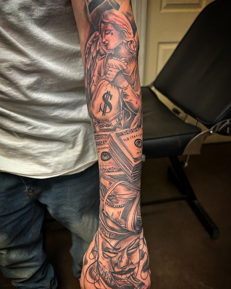 Tattoos Money, Money Tattoos, Tattoo Money, Money Rose Tattoo, Money Bag Tattoo, Arm Tattoos For Guys Forearm, Black Men Tattoos, Tattoo Ideas Males, Half Sleeve Tattoos Forearm