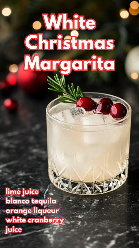 White Christmas Margarita Holiday Punch Recipes Alcoholic Tequila, White Christmas Cranberry Margarita, White Tequila Drinks, Drinks With White Cranberry Juice, Winter White Margarita, Alcoholic Punch Recipes Tequila, Coconut Margarita Christmas, White Tequila Cocktails, Winter Margarita Recipe Holiday Drinks