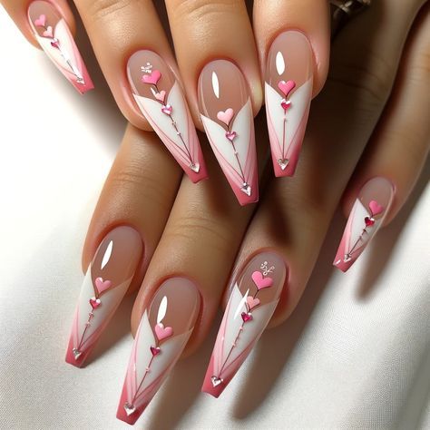 Vday Nails Almond Shape, Valentines Nails Coffin Shape, Valentine’s Day Nail Art Ideas, Nail Design Valentine’s Day, Love Day Nails, Unusual Valentines Day Nails, Valentin’s Day Nails, Valentines Day Nails Pointy, Detailed Valentines Nails