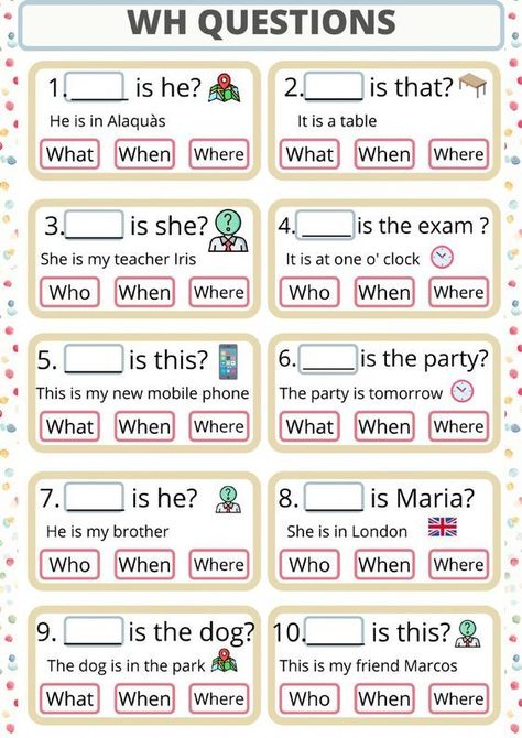 Question Worksheet For Grade 1, Where Questions Worksheet, How Questions Worksheet, 5w1h Worksheet, Wh Worksheets Wh Questions, What Where When Why Wh Questions, Who Questions Worksheet, Asking Questions Worksheet, English Exercises Worksheets