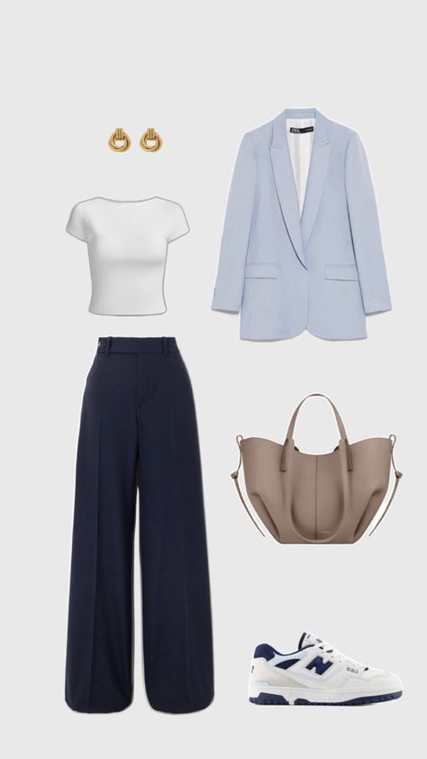 Outfit ideas, summer 2024 outfit, 2024 outfit, old money outfit, old money style, basic outfit, corporate outfit, casual outfit, style, stylish outfit, blue shirt, beige pants, white trousers, new balance sneakers, polene, polene cyme, brown bag, shopper bag, accessories, outfit styling Dark Blue Trousers Outfit, Blazer And Sneakers Outfit, Light Blue Blazer Outfit, Blue Trousers Outfit, Vintage Retro Outfits, Outfit New Balance, Casual Outfit Style, Blue Blazer Outfit, Corporate Outfit