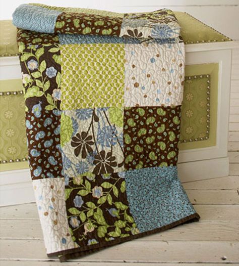 This project of 8-1/2-inch squares makes for easy quilting with a huge impact. Bright greens, soft blues, and dark browns allow this quilt to easily transition between seasons Colchas Quilting, Free Quilt Tutorials, Quilt Book, Big Block Quilts, Beginner Quilt Patterns, Easy Quilt Patterns, Patchwork Quilt Patterns, Quilt Baby, Wall Quilts