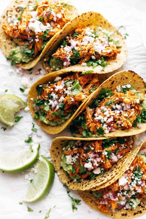 These Chicken Tinga Tacos are THE BEST! Saucy, spicy, real food perfection. Includes directions for the Instant Pot. #tacos #chickentacos #chickentinga #instantpot #chickenrecipe #easydinner | pinchofyum.com Authentic Tacos Chicken, Vegan Chicken Tacos, Cilantro Chicken Tacos, Authentic Chicken Street Tacos, Best Tacos Recipe, Instapot Chicken Tacos, Fall Tacos, Taco Recipes Chicken, Authentic Chicken Tacos