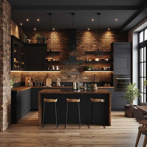 Kitchen Modern Aesthetic, Modern Kitchen Design Simple, Moody Kitchen Flooring, Modern Farmhouse Aesthetic Kitchen, Dark Interiors Modern, Moody Kitchen Butcher Block, Moody Interior Design Kitchen, Modern Moody Apartment, Vintage Classic Kitchen