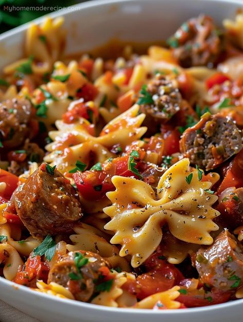 Savor Italian Sausage & Bow Tie Pasta - A Culinary Journey - My Home Made Recipe Healthy Dinner Recipes Italian Sausage, Macaroni With Sausage, Aidells Italian Chicken Sausage Recipes, Hot Italian Sausage Dinner Ideas, Sausage Main Dish Recipes, Al Fresco Sausage Recipes, Pork Sausage And Pasta Recipes, Now Tie Pasta And Sausage, Italian Sausage Pasta Recipes Healthy