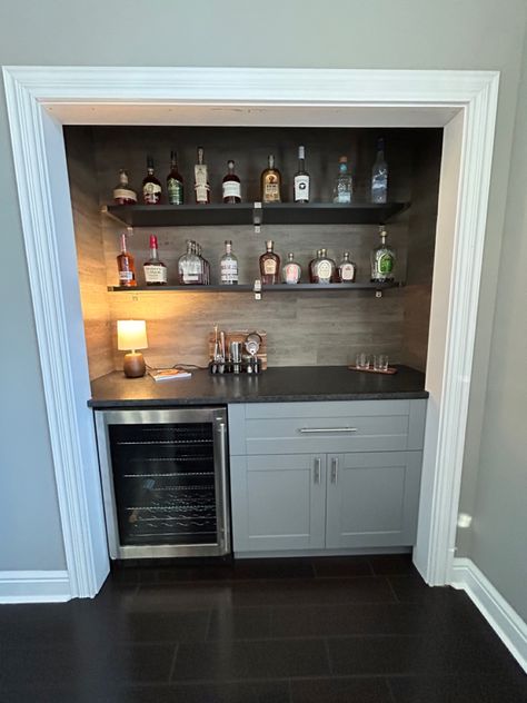 Home Bar Closet Ideas, Home Closet Bar Ideas, Mini Bar In Master Room, Built In Bar Closet, Small Basement Mini Bar, Wet Bar Closet Ideas, Converting Closet To Coffee Bar, Closet Into Dry Bar, Home Bar Niche