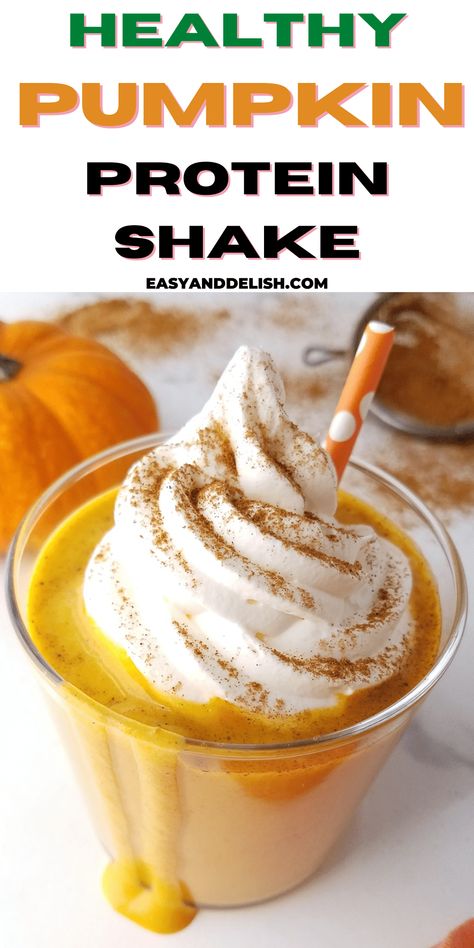 This pumpkin spice protein shake is made with healthy ingredients in just 5 minutes, resulting in a creamy and smooth post-workout drink to curb your pumpkin pie cravings while gaining muscle. It is low-carb and high-protein! Pumpkin Spice Protein Shake, Vanilla Protein Shake Recipes, Pumpkin Protein Smoothie, Pumpkin Pie Protein Shake, Pumpkin Protein Shake, Pumpkin Shake, Pumpkin Pie Shake, Protein Milkshake, Inflammation Foods