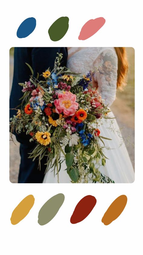 Fall Flower Inspiration, Early October Wedding Flowers, Red And Blue Wedding Theme Color Combos, Multi Color Fall Wedding, Jewel Tone Florals Wedding, Wedding Color September, Bright Fall Wedding Florals, Red Blue Green Wedding Color Palettes, Multicolor Floral Wedding