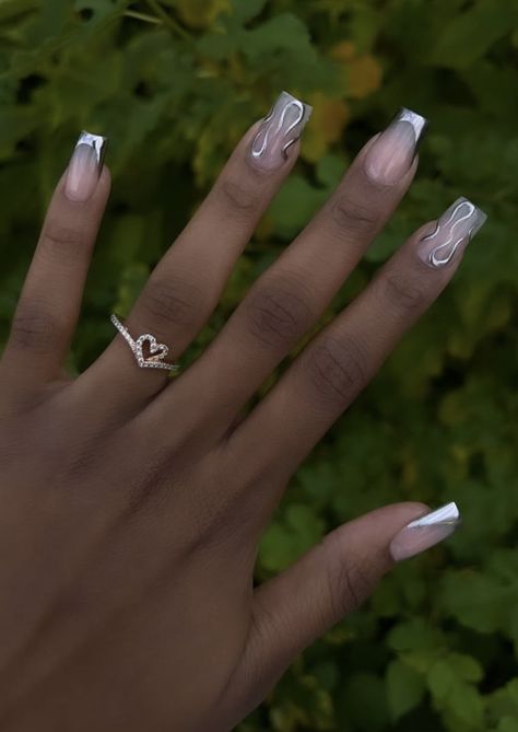 Acrylic Nails Silver Design, Short Nail Silver Designs, Silver White Nails Ideas, Cute White And Silver Nails, French Tip Nails With Silver Design, Silver Nail Designs Coffin, Silver Chrome Acrylics, Grad Nails Square, White And Chrome Nails Designs