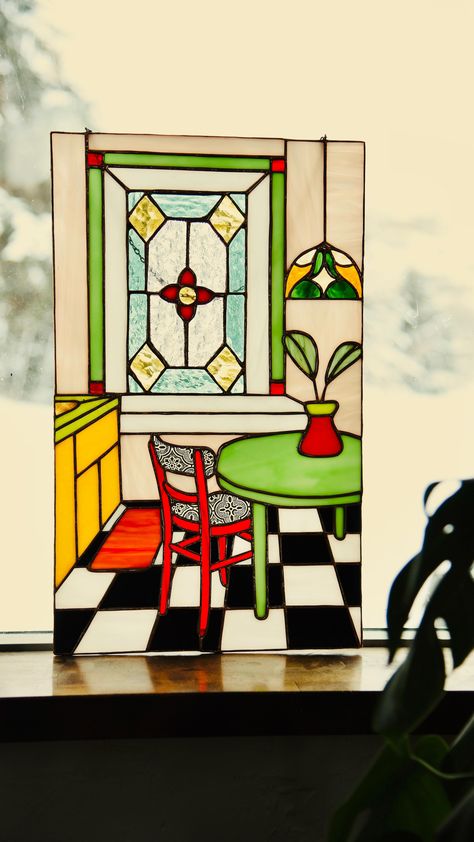 Oh my goodness guys, how adorbs is this lil kitchen scene!? Complete with its own stained glass window and chandelier like some kind of… | Instagram Stained Glass Shower Curtain, Stained Glass Paper Craft, Diy Colored Glass Window, Stained Glass Drawing Easy, Stained Glass Apartment, Stained Glass Vintage, Stained Glass Inspiration, Simple Stained Glass Windows, Stained Glass Gifts Wall