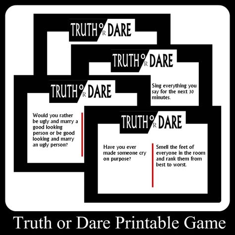 Fun teen truth or dare printable game cards. You no longer have to hold up the party trying to think of fun and hilarious truth or dares for your party. Prints instantly for awesome teen party game! Teenage Party Games, Good Truth Or Dares, Truth Or Dare Games, Teenage Parties, Dare Games, Teen Party Games, Trendy Games, Truth Or Dare Questions, Dare Questions