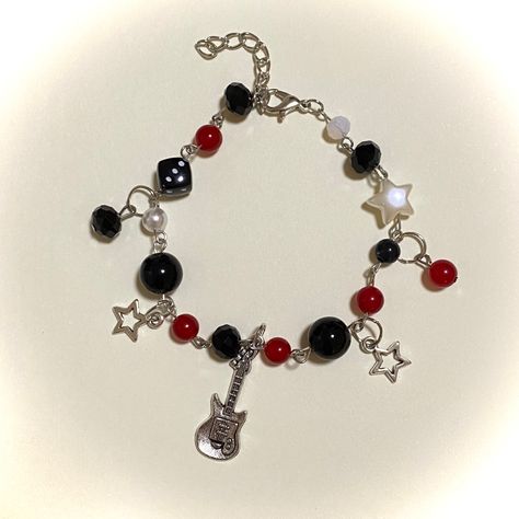 Lovers Rock Bracelet, Black And Red Beaded Bracelets, 505 Bracelet, Bsd Bracelet, Alt Bracelets, Rockstar Bracelet, Grunge Bracelets, Emo Bracelets, Charm Bracelet Ideas