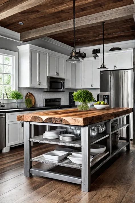 Rustic kitchen island with a live edge countertop 4x4 Kitchen Island, Diy Large Kitchen Island, Diy Rustic Island, Rustic Island Kitchen, Diy Rustic Kitchen Island, Kitchen Island Diy With Seating, Diy Island Kitchen, Reclaimed Kitchen Island, Kitchen Island With Legs