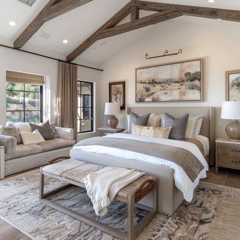 Cottage bedroom with sleek lines and warm, earthy accents Country Living Bedroom Ideas, Country Modern Home Interiors, Rustic Bedroom Paint Ideas, Modern Rustic Master Bed, Modern Cottage Bedroom Ideas, Farmhouse Chic Bedroom Ideas, Rustic Elegant Bedroom, Rustic Master Bedrooms Decor, Modern Farmhouse Master Bed