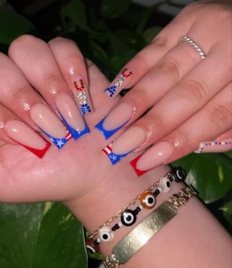 July 4th French Nails Designs, Fourth Of July Nails Designs Acrylic, 4th Of July Nails French Tips, Crazy Fourth Of July Nails, America French Tip Nails, Fourth Of July Coffin Nails, Long Fourth Of July Nails, 4 July Nails Design, Red Blue And White Nails