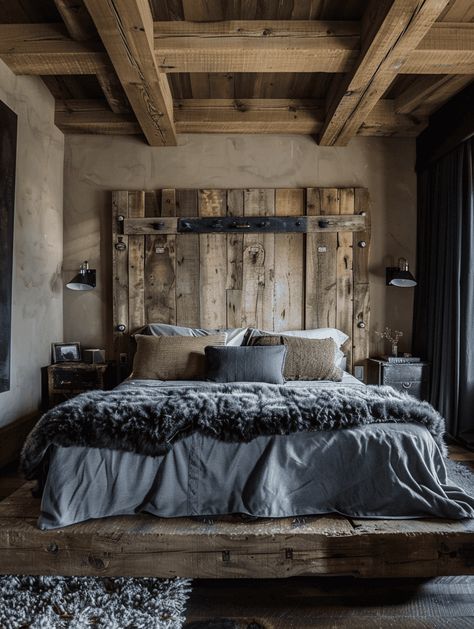 Reclaimed Wood Headboard Bedroom, Rustic Bed Frame Ideas, Rustic Loft Bedroom Ideas, Wood Bedroom Aesthetic, Wood Headboard Ideas, Rustic Bedroom Design Ideas, Rustic Wood Bed Frame, Wood Headboard Bedroom, Cozy Rustic Bedroom